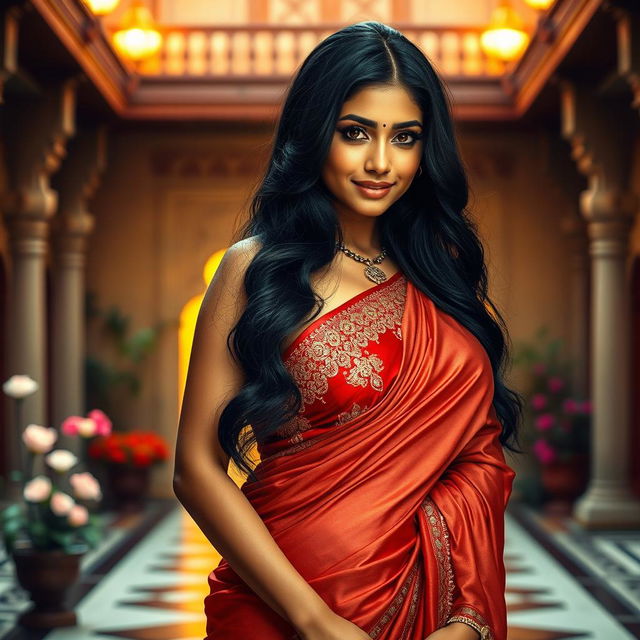 A stunning tall Indian woman with long, luscious black hair and captivating brown eyes