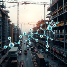 A stunning 4k wallpaper that features an overlay of intricate chemical structures artistically integrating with a bustling construction site
