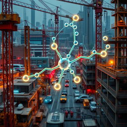 A stunning 4k wallpaper that features an overlay of intricate chemical structures artistically integrating with a bustling construction site
