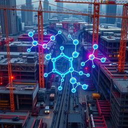A stunning 4k wallpaper that features an overlay of intricate chemical structures artistically integrating with a bustling construction site