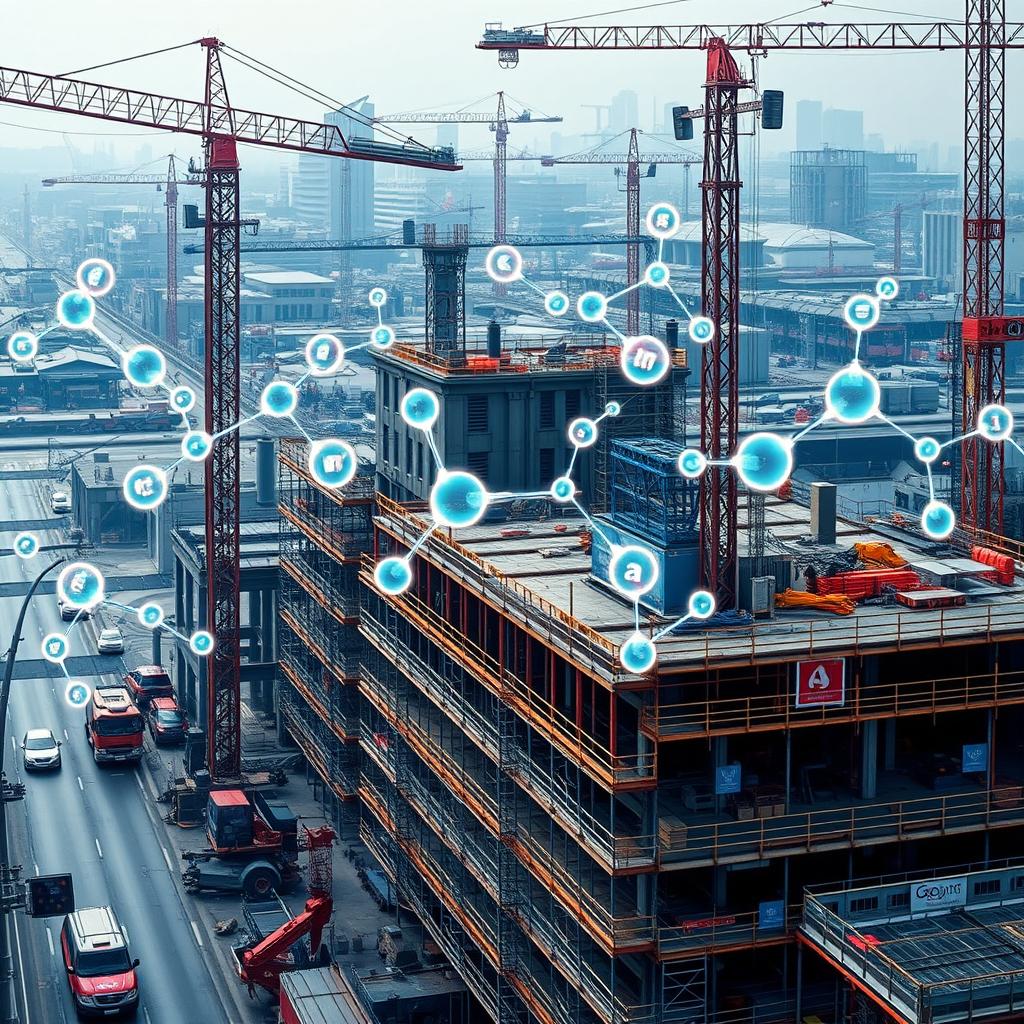 A stunning 4k wallpaper that features an overlay of intricate chemical structures artistically integrating with a bustling construction site