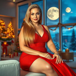 A full-body image of a beautiful mature woman, 50 years old, with Venezuelan features, wearing a very short, sexy, and fitted red dress that shimmers with glitter and features golden details