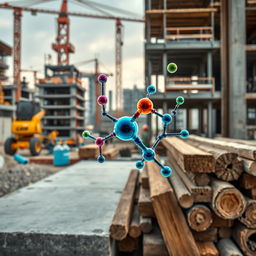 A visually striking 4k wallpaper showcasing intricate chemical structures overlaying a variety of construction materials such as concrete, steel, and wood
