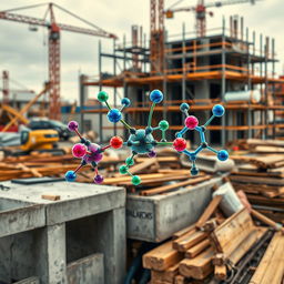 A visually striking 4k wallpaper showcasing intricate chemical structures overlaying a variety of construction materials such as concrete, steel, and wood
