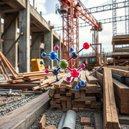 A visually striking 4k wallpaper showcasing intricate chemical structures overlaying a variety of construction materials such as concrete, steel, and wood