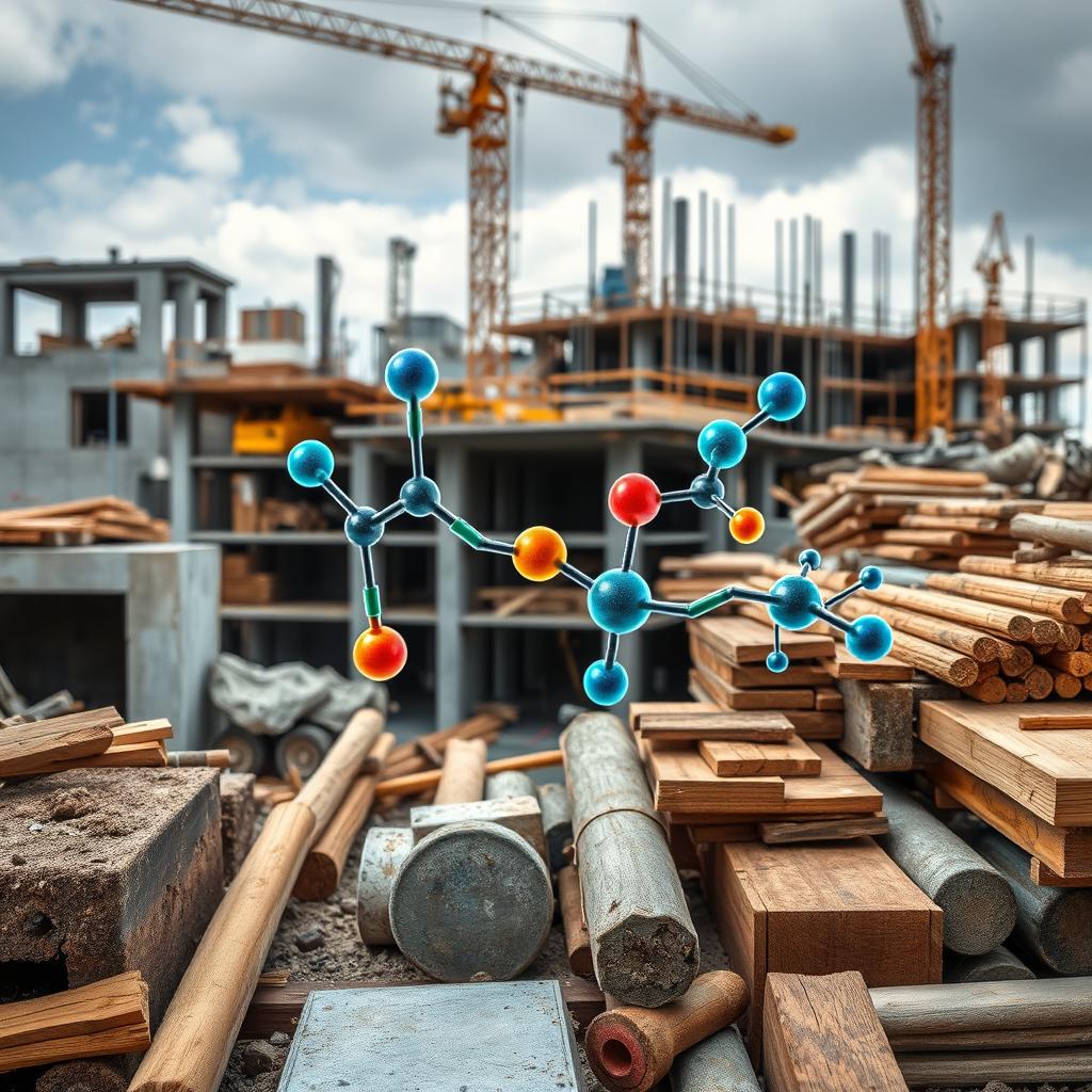 A visually striking 4k wallpaper showcasing intricate chemical structures overlaying a variety of construction materials such as concrete, steel, and wood