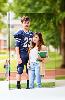 A book cover featuring a girl with brown hair and green eyes, wearing a white t-shirt, light blue jeans, and a beige cardigan, holding books in her hand