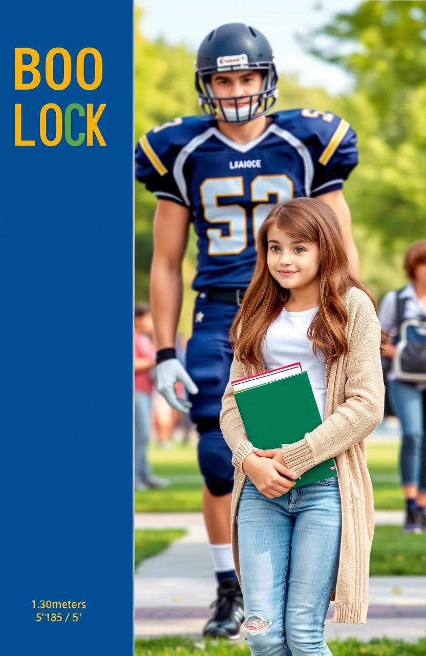 A book cover featuring a girl with brown hair and green eyes, wearing a white t-shirt, light blue jeans, and a beige cardigan, holding books in her hand