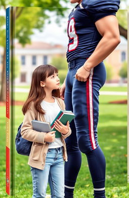A book cover featuring a girl with brown hair and green eyes, wearing a white t-shirt, light blue jeans, and a beige cardigan, holding books in her hand