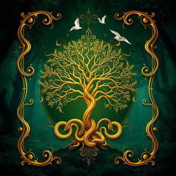 A beautiful fantasy book cover featuring a rich green background adorned with intricate golden details