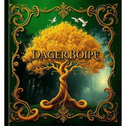 A beautiful fantasy book cover featuring a rich green background adorned with intricate golden details