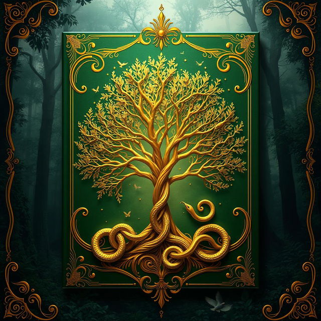 A beautiful fantasy book cover featuring a rich green background adorned with intricate golden details