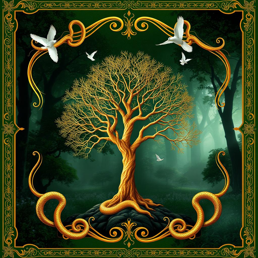 A beautiful fantasy book cover featuring a rich green background adorned with intricate golden details