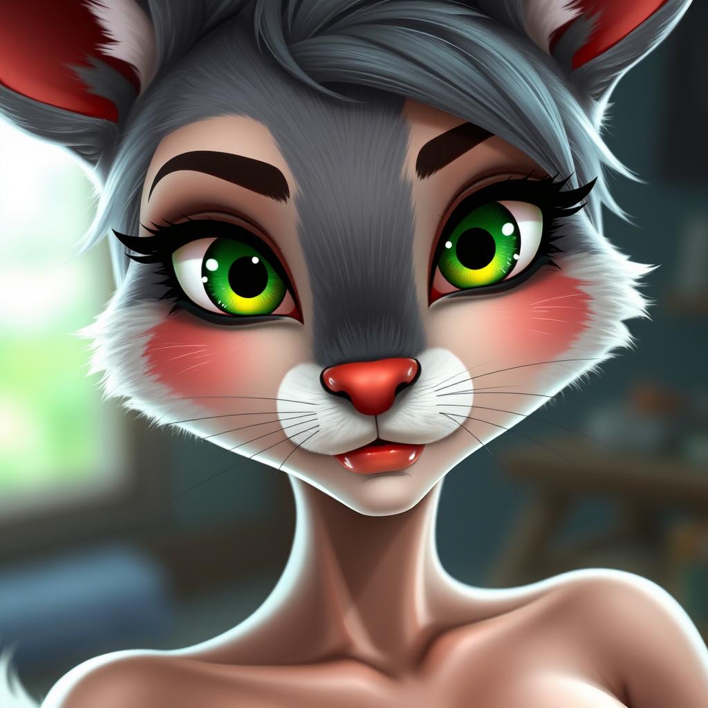 A hyper-detailed, realistic close-up portrait of a superior hybrid character blending elements of a bunny girl and a fox girl, featuring a nude, seductive, skinny, and hot appearance