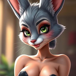 A hyper-detailed, realistic close-up portrait of a superior hybrid character blending elements of a bunny girl and a fox girl, featuring a nude, seductive, skinny, and hot appearance