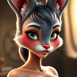 A hyper-detailed, realistic close-up portrait of a superior hybrid character blending elements of a bunny girl and a fox girl, featuring a nude, seductive, skinny, and hot appearance