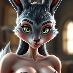 A hyper-detailed, realistic close-up portrait of a superior hybrid character blending elements of a bunny girl and a fox girl, featuring a nude, seductive, skinny, and hot appearance