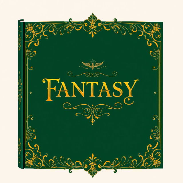 A fantasy book cover featuring a gentle dark green background adorned with intricate and elegant golden details