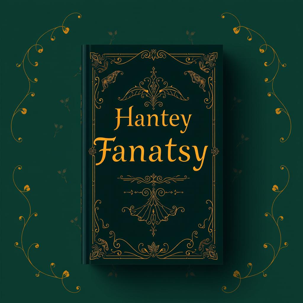 A fantasy book cover featuring a gentle dark green background adorned with intricate and elegant golden details