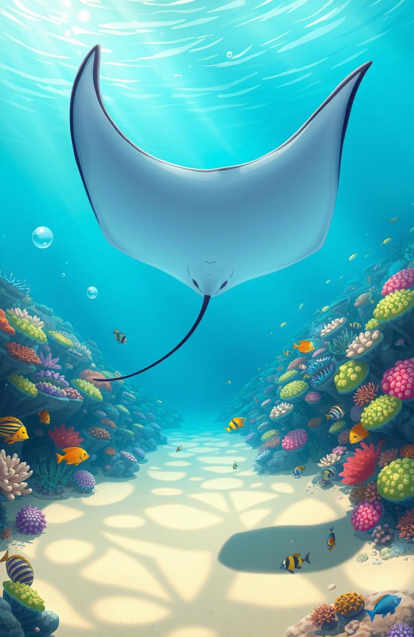 A beautifully illustrated scene featuring a manta ray gracefully gliding through crystal clear turquoise waters, its large wings spread wide as it swims near vibrant coral reefs teeming with colorful fish