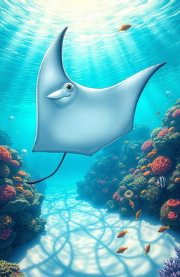 A beautifully illustrated scene featuring a manta ray gracefully gliding through crystal clear turquoise waters, its large wings spread wide as it swims near vibrant coral reefs teeming with colorful fish