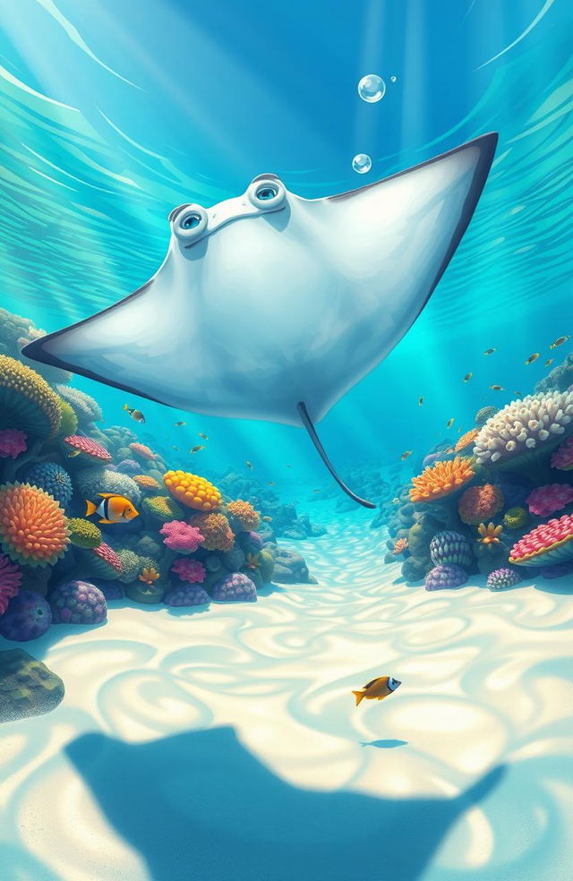 A beautifully illustrated scene featuring a manta ray gracefully gliding through crystal clear turquoise waters, its large wings spread wide as it swims near vibrant coral reefs teeming with colorful fish