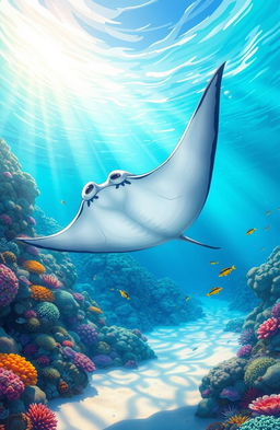 A beautifully illustrated scene featuring a manta ray gracefully gliding through crystal clear turquoise waters, its large wings spread wide as it swims near vibrant coral reefs teeming with colorful fish