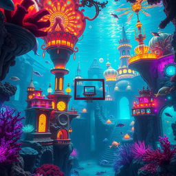 An underwater kingdom city featuring elaborate, glowing architecture made of coral and bioluminescent elements, with a basketball hoop prominently placed in the center, surrounded by colorful marine life and structures