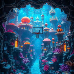 An underwater kingdom city featuring elaborate, glowing architecture made of coral and bioluminescent elements, with a basketball hoop prominently placed in the center, surrounded by colorful marine life and structures