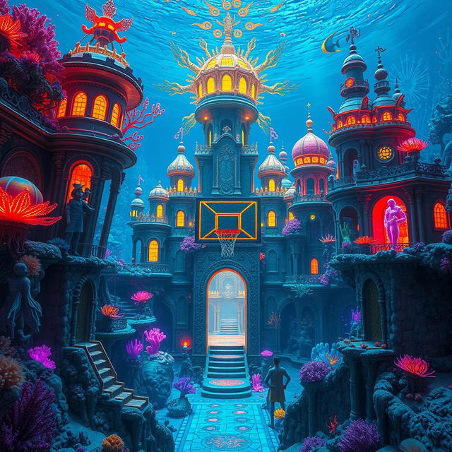 An underwater kingdom city featuring elaborate, glowing architecture made of coral and bioluminescent elements, with a basketball hoop prominently placed in the center, surrounded by colorful marine life and structures