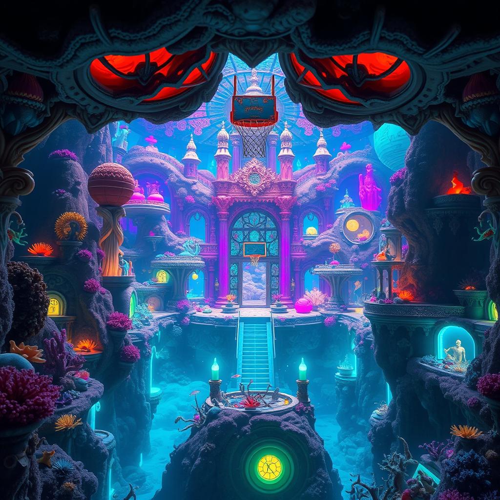 An underwater kingdom city featuring elaborate, glowing architecture made of coral and bioluminescent elements, with a basketball hoop prominently placed in the center, surrounded by colorful marine life and structures