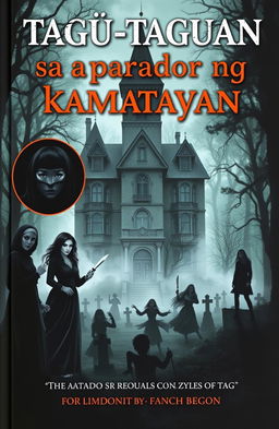 A chilling book cover for 'Tagu-taguan sa aparador ng kamatayan', featuring an eerie old mansion at the center, set in a dense forest