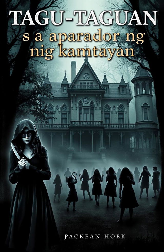 A chilling book cover for 'Tagu-taguan sa aparador ng kamatayan', featuring an eerie old mansion at the center, set in a dense forest