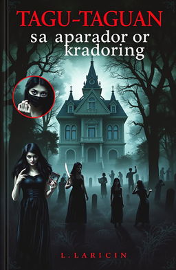 A chilling book cover for 'Tagu-taguan sa aparador ng kamatayan', featuring an eerie old mansion at the center, set in a dense forest