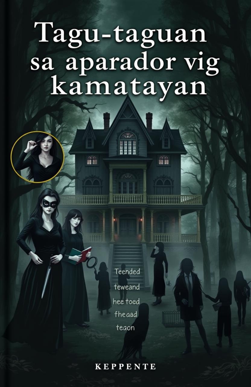 A chilling book cover for 'Tagu-taguan sa aparador ng kamatayan', featuring an eerie old mansion at the center, set in a dense forest