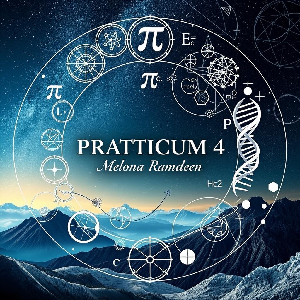 A stunning landscape composition that beautifully merges elements of science and mathematics, highlighted by intricate symbols such as the Fibonacci sequence, pi (π), DNA helix, mathematical formulas like E=mc², and geometric shapes including circles, triangles, and polygons