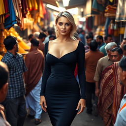 An elegant and busty blonde woman wearing a tight-fitting dress that accentuates her curves and showcases her big cleavage, standing in an Indian dirty market surrounded by a bustling crowd of Indian men