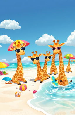 A group of adorable kawaii giraffes enjoying a sunny day at the beach, surrounded by colorful beach umbrellas and soft sand