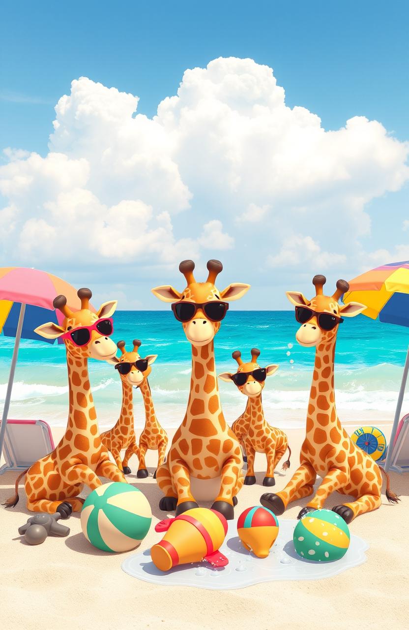 A group of adorable kawaii giraffes enjoying a sunny day at the beach, surrounded by colorful beach umbrellas and soft sand