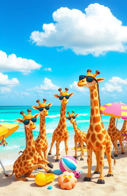 A group of adorable kawaii giraffes enjoying a sunny day at the beach, surrounded by colorful beach umbrellas and soft sand