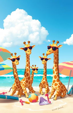 A group of adorable kawaii giraffes enjoying a sunny day at the beach, surrounded by colorful beach umbrellas and soft sand