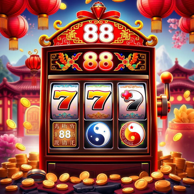 A vibrant and eye-catching animated Chinese slot machine called "88", featuring traditional Chinese graphics such as red lanterns, dragons, cherry blossoms, and gold coins