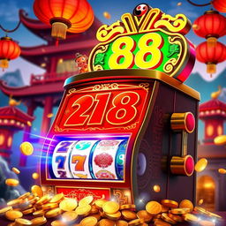 A vibrant and eye-catching animated Chinese slot machine called "88", featuring traditional Chinese graphics such as red lanterns, dragons, cherry blossoms, and gold coins