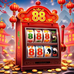 A vibrant and eye-catching animated Chinese slot machine called "88", featuring traditional Chinese graphics such as red lanterns, dragons, cherry blossoms, and gold coins