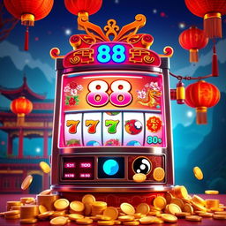 A vibrant and eye-catching animated Chinese slot machine called "88", featuring traditional Chinese graphics such as red lanterns, dragons, cherry blossoms, and gold coins