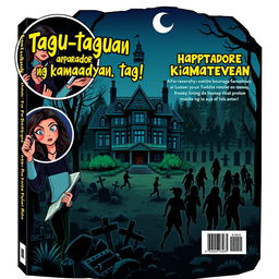 A vibrant and intriguing book cover for "Tagu-taguan sa aparador ng kamatayan", featuring a spooky old mansion at the center surrounded by an ominous forest