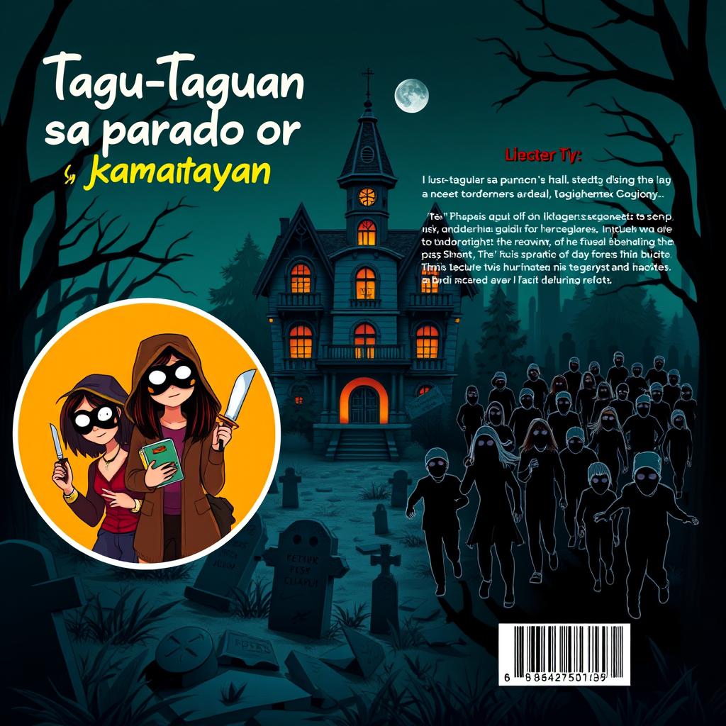 A vibrant and intriguing book cover for "Tagu-taguan sa aparador ng kamatayan", featuring a spooky old mansion at the center surrounded by an ominous forest