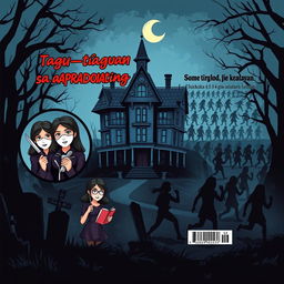 A vibrant and intriguing book cover for "Tagu-taguan sa aparador ng kamatayan", featuring a spooky old mansion at the center surrounded by an ominous forest