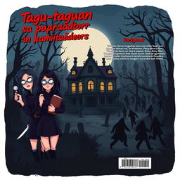 A vibrant and intriguing book cover for "Tagu-taguan sa aparador ng kamatayan", featuring a spooky old mansion at the center surrounded by an ominous forest