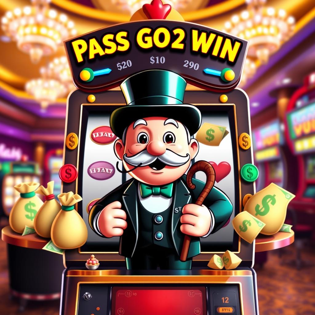 A vibrant and eye-catching slot machine featuring a Monopoly man character as the central figure, exuding charm and excitement
